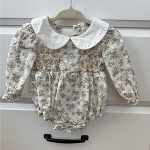 Petite Moss Floral Smocked Long-Sleeve Romper